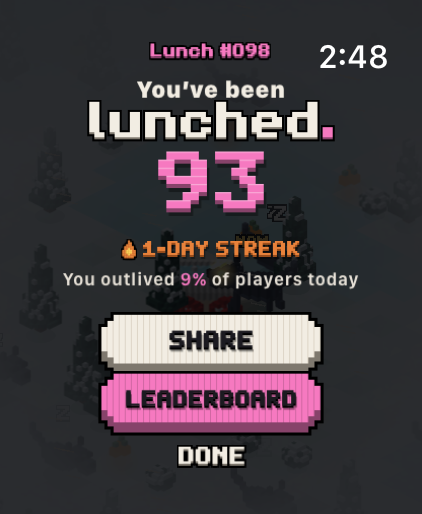 A ranked Daily result on Apple Watch: lunched with 93, a one-day streak, you outlived 9% of players today, SHARE and LEADERBOARD
