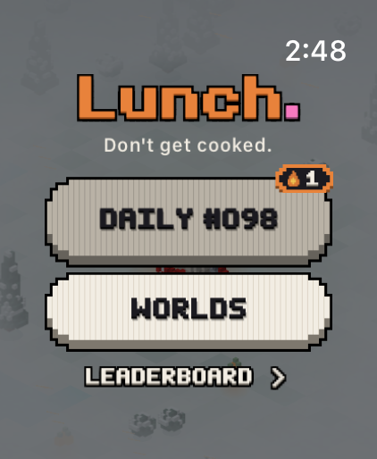 The start screen on Apple Watch: DAILY #098 with a one-day streak badge, WORLDS and LEADERBOARD