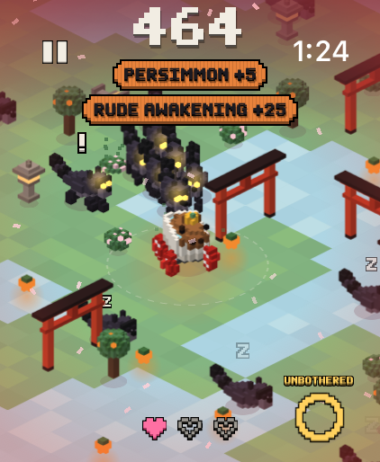 The Mountain Terraces on Apple Watch: a tanuki gang on Cappy's tail between red gates and persimmon trees